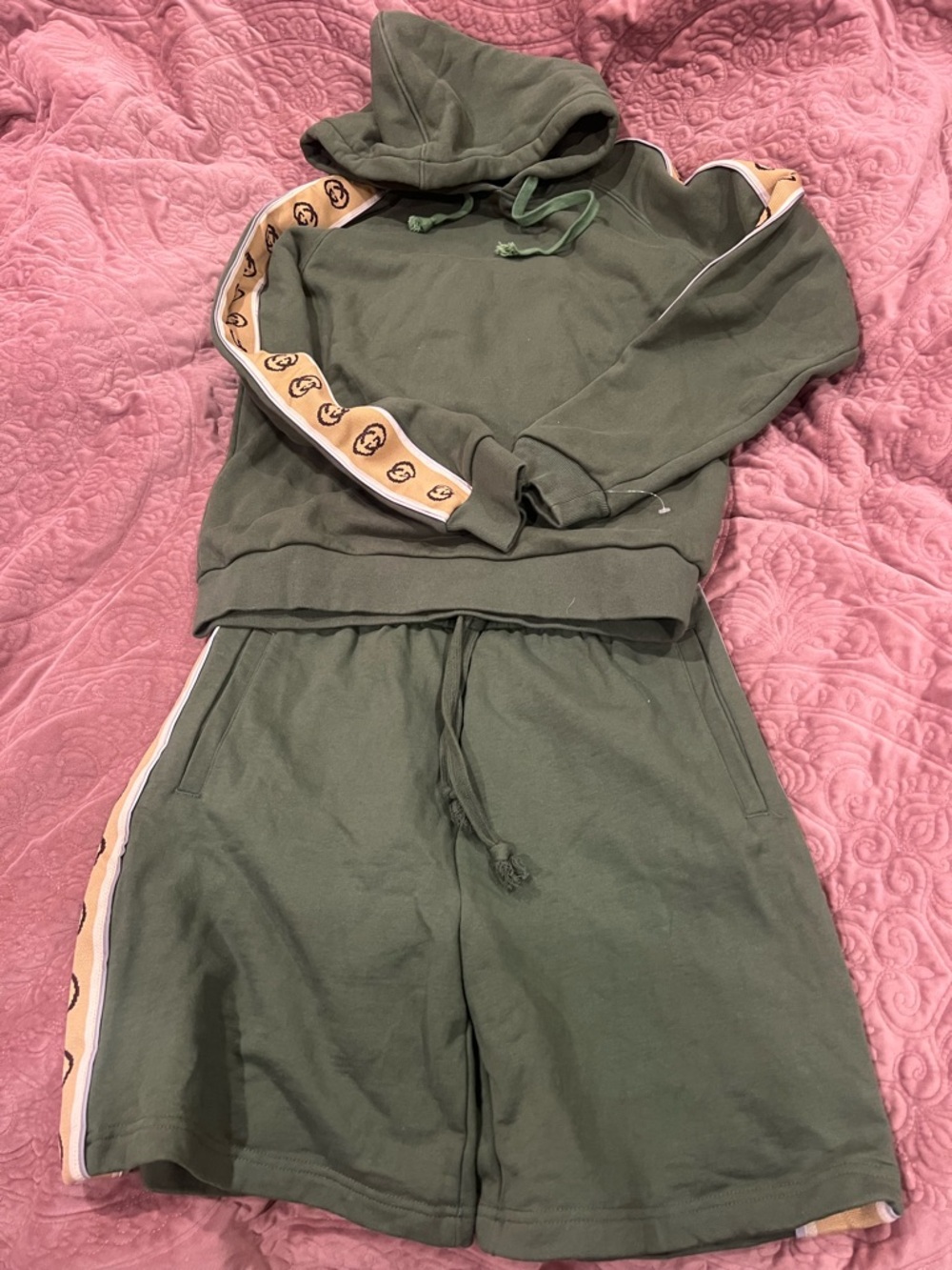 Gucci Olive Green Hooded Sweatshirt with Beige Logo Trim